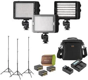 CLAR 3x 204 Phantom Series Bi-Color On-Camera LED Light Bundle with 3x Green Extreme NP-F970 Battery, Dual Charger, Charger, 3x Heavy-Duty Light Stand, Shoulder Bag