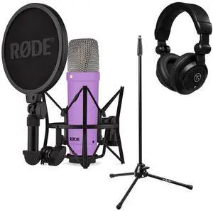 Rode Signature Series NT1 Cardioid Condenser Studio Microphone, Purple, Bundle with H&A Microphone Stand and TAPH100 Studio Monitor Headphones