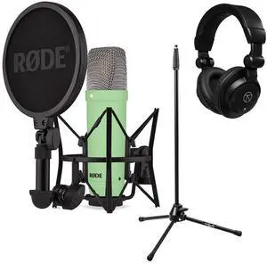 Rode Signature Series NT1 Cardioid Condenser Studio Microphone, Green, Bundle with H&A Microphone Stand and TAPH100 Studio Monitor Headphones