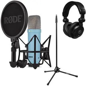 Rode Signature Series NT1 Cardioid Condenser Studio Microphone, Blue, Bundle with H&A Microphone Stand and TAPH100 Studio Monitor Headphones