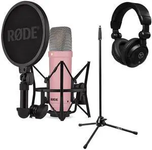 Rode Signature Series NT1 Cardioid Condenser Studio Microphone, Pink, Bundle with H&A Microphone Stand and TAPH100 Studio Monitor Headphones
