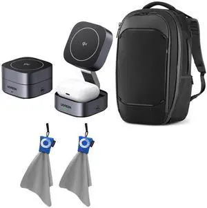 Nomatic Navigator 32L Travel Backpack, Black, Bundle with UGREEN Qi2 2-In-1 Magnetic Foldable Fast Charging Station, Micro-Fiber Cleaning Cloth
