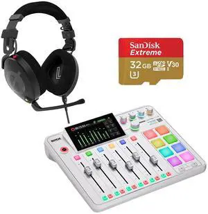 Rode RODECaster Pro II Integrated Audio Production Studio Console, White, Bundle with NTH-100M Professional Over Ear Headphones, SanDisk 32GB Extreme microSDHC Class 10 U3 Memory Card