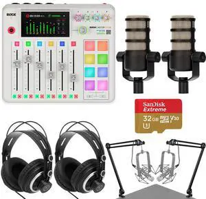 Rode RODECaster Pro II Integrated Audio Production Studio Console, White, Bundle with 2x PodMic Microphone, 2x TAPH300 Headphones, 2x H&A Broadcast Arm, 2x 25' Microphone Cable, 32GB microSDHC Card