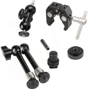 CAMVATE Super Crab Clamp with 11" Magic Articulated Arm and Double Mini Ball Head for DSLR Camera Cage, Black Lever