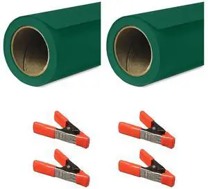 Savage 53"x36' Widetone Seamless Background Paper, Evergreen, 2-Pack, Bundle with 4x 1-1/4x1" Steel Spring Orange Clamp