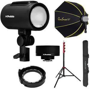 Profoto A2 Off Camera Flash Head and Connect Wireless Transmitter Kit for Nikon Cameras with Fp light stand 9.5' air cushnd, Glow parasnap octagonal softbox, Glow parasnap adapter for profoto a2