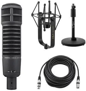 Electro-Voice RE20 Variable-D Dynamic Cardioid Microphone, Black, Bundle with Microphone Suspension Shock Mount, Microphone Stand and 50' XLR M to F Microphone Cable