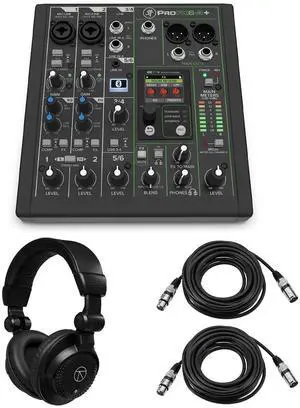 Mackie ProFX6v3+ 6-Channel Bluetooth Analog Mixer with Enhanced FX, Bundle with TAPH100 Headphones and 2x 25' 3-Pin XLR Microphone Cable