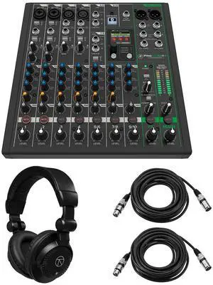 Mackie ProFX10v3+ 10-Channel Bluetooth Analog Mixer with Enhanced FX, Bundle with TAPH100 Headphones and 2x 25' 3-Pin XLR Microphone Cable