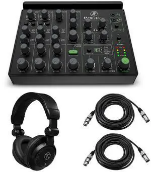 Mackie MobileMix 8-Channel USB-Powered Audio Mixer, Bundle with TAPH100 Headphones and 2x XLR Cables