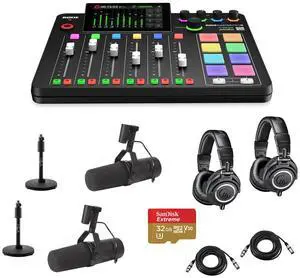 Rode RODECaster Pro II Integrated Audio Production Studio Console Bundle with 2x SM7B Mic, 2x ATH-M50x Headphones, 2x Mic Stand, 2x M to F XLR Cable, 32GB microSD Card