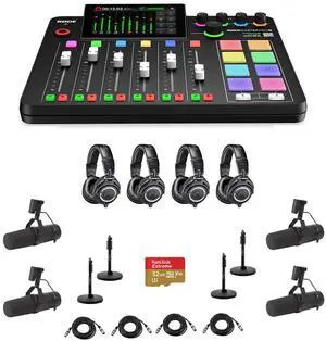 Rode RODECaster Pro II Integrated Audio Production Studio Console Bundle with 4x SM7B Mic, 4x ATH-M50x Headphones, 4x Mic Stand, 4x M to F XLR Cable, 32GB microSD Card