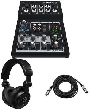 Mackie Mix5 5-Channel Compact Mixer, Bundle with TAPH100 Closed-Back Studio Monitor Headphones and 25' Value Series XLR Microphone Cable