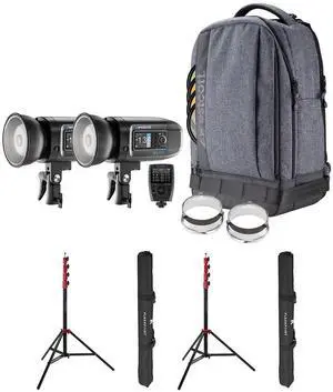 Westcott FJ400 Strobe 2-Light Backpack Kit with FJ-X3m Universal Wireless Trigger, Bundle with Flashpoint Pro Air-Cushioned Heavy-Duty Light Stands, Red/9.5'