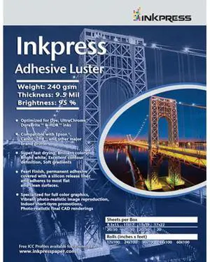 Inkpress Adhesive Luster Inkjet Paper, 240 gsm Weight, 95% Brightness, 9.5 mil Thickness, 13x19", 20 Sheets