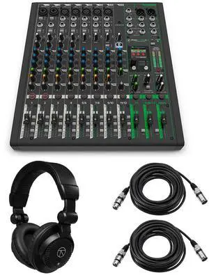 Mackie ProFX12v3+ 12-Channel Bluetooth Analog Mixer with Enhanced FX, Bundle with TAPH100 Headphones and 2x 25' 3-Pin XLR Microphone Cable