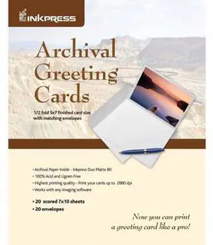 Inkpress Archival Greeting Cards for Inkjet 7x10" Scored Archival Greeting Card Paper, (Produces 5x7" Card), 20 Sheets with Matching Envelopes