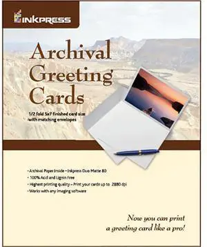 Inkpress Archival Greeting Cards for Inkjet 11x7.26" Scored Archival Greeting Card Paper, (Produces 5.5 x 7.26" Card), 20 Sheets with Matching Envelopes