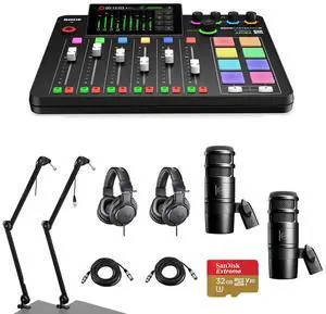 Rode RODECaster Pro II Integrated Audio Production Studio Console Bundle with 2x AT2040 Mic, 2x ATH-M20x Headphones, 2x Broadcast Arm, 2x M to F XLR Cable, 32BG microSD Card