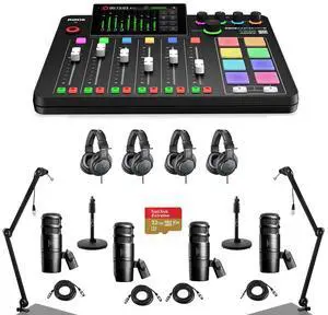 Rode RODECaster Pro II Integrated Audio Production Studio Console Bundle with 4x AT2040 Mic, 4x ATH-M20x Headphones, 2x Broadcast Arm, 2x Mic Stand, 4x M to F XLR Cable, 32GB microSD Card