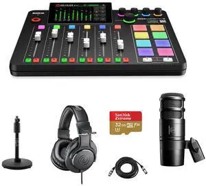 Rode RODECaster Pro II Integrated Audio Production Studio Console Bundle with AT2040 Mic, ATH-M20x Headphones, Mic Stand, M to F XLR Cable, 32GB microSD Card