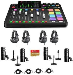 Rode RODECaster Pro II Integrated Audio Production Studio Console Bundle with 4x AT2040 Mic, 4x ATH-M20x Headphones, 4x Mic Stand, 4x M to F XLR Cable, 32GB microSD Card