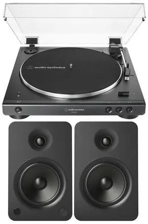 Audio-Technica AT-LP60XBT Fully Automatic Belt-Drive Stereo Turntable, Black - Bundle With Kanto YU6 Powered Speakers with Bluetooth and Phono Preamp