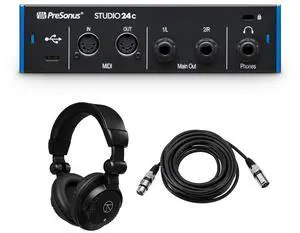 PreSonus Studio 24c 2x2 Portable Ultra-High Definition USB Type-C Audio/MIDI Interface, Bundle with TAPH100 Headphones and 25' XLR Cable