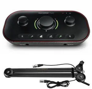 Focusrite Vocaster Two Podcast Interface for Solo Content Creators, Bundle with H&A Broadcast Arm