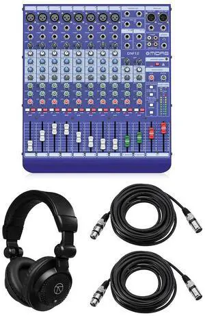 Midas DM12 12 Input Analog Live and Studio Mixer with Microphone Preamplifier, Bundle with Turnstile Audio TAPH100 Headphones and 2x H&A 25' XLR Microphone Cable