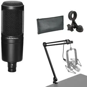 Audio-Technica AT2020 Cardioid Condenser Microphone, Bundle with Broadcast Arm with Internal Springs and Integrated 10' XLR Cable