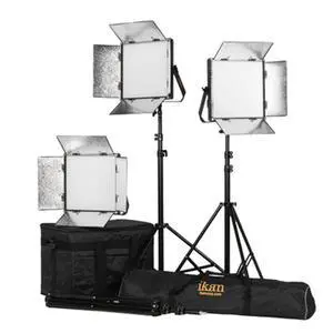 Ikan Lyra 1x1 Daylight 3-Point Soft Panel LED Light Kit, Includes 3x Gold Mount Battery Plate, 3x V-Mount Battery Plate, 3x Yoke Mount, 3x Heavy Duty Light Stand, 1x Light Kit Bag, 1x Stand Bag