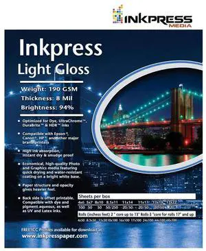 Inkpress Light Gloss Inkjet Photo Paper Media, 190gsm, 8 Mil, 94% Brightness, Single Sided Paper, 24"x100' Roll