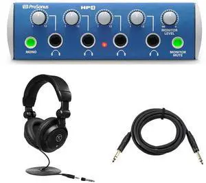 PreSonus HP4 4-Channel Headphone Distribution Amplifier, Blue, Bundle with TAPH100 Headphones and Platinum Pro 10' TRS Cable