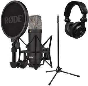 Rode Signature Series NT1 Cardioid Condenser Studio Microphone, Black, Bundle with H&A Microphone Stand and TAPH100 Studio Monitor Headphones