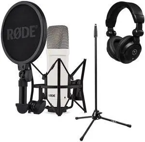 Rode Signature Series NT1 Cardioid Condenser Studio Microphone, White, Bundle with H&A Microphone Stand and TAPH100 Studio Monitor Headphones