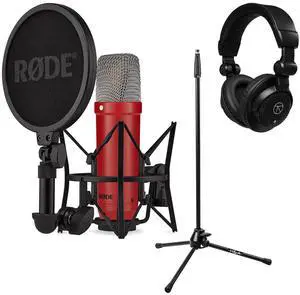 Rode Signature Series NT1 Cardioid Condenser Studio Microphone, Red, Bundle with H&A Microphone Stand and TAPH100 Studio Monitor Headphones