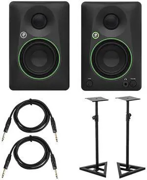 Mackie CR3.5 3.5" Creative Reference Powered Studio Monitors, Pair, Black, Bundle with 2x Studio Monitor Stand and 2x 6' Platinum Pro Interconnect Cable