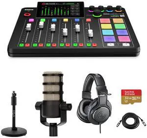 Rode RODECaster Pro II Integrated Audio Production Studio Console Bundle with PodMic Microphone, TAPH500 Headphones, Mic Stand, M to F XLR Cable, 32GB microSD Card