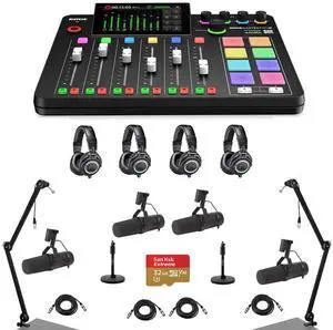 Rode RODECaster Pro II Integrated Audio Production Studio Console Bundle with 4x SM7B Mic, 4x ATH-M50x Headphones, 2x Broadcast Arm, 2x Mic Stand, 4x M to F XLR Cable, 32GB microSD Card