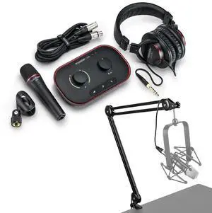Focusrite Vocaster One Studio Essential Podcasting Kit with Vocaster DM1 Microphone and HP60v Headphones, Bundle with H&A Broadcast Arm