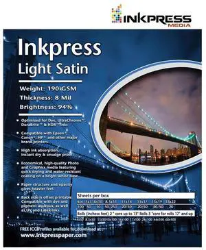 Inkpress Light Satin Inkjet Photo Paper, Single Sided, 190 gsm, 8 mil, 94% Bright, 13x19", 100 Sheets