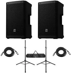 Electro-Voice ZLX-G2 8" 1000W 2-Way Bluetooth Powered Loudspeaker, Black, Pair, Bundle with Stands and Cables