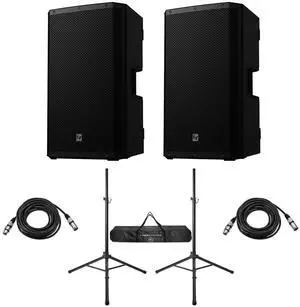 Electro-Voice ZLX-G2 15" 1000W 2-Way Bluetooth Powered Loudspeaker, Black, Pair, Bundle with Stands and Cables