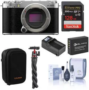 Fujifilm X-M5 Mirrorless Camera, Silver, Bundle with 128GB Memory Card, Extra Battery, Tripod with Ball Head