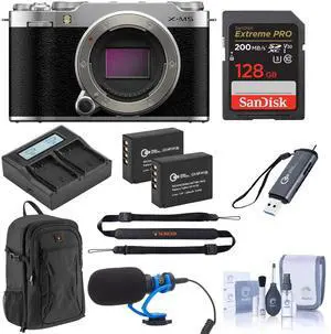 Fujifilm X-M5 Mirrorless Camera, Silver, Bundle with 128GB Memory Card, 2x Extra Battery, Shotgun Microphone, Card Reader and Backpack