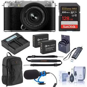 Fujifilm X-M5 Mirrorless Camera w/XC 15-45mm f/3.5-5.6 OIS PZ Lens, Silver, Bundle with 128GB Memory Card, 2x Extra Battery, Shotgun Microphone, Card Reader, Backpack and 52mm Filter Kit