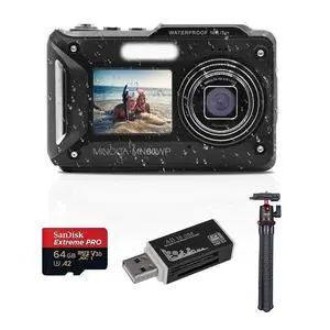 Minolta MN60WP 48MP 4K Ultra HD Dual LCD Screen Waterproof Digital Camera, Black, Bundle with 64GB Memory Card, MT-11 Tripod and USB Card Reader Minolta MN60WP 48MP 4K Ultra HD Dual LCD Screen Waterproof Digital Camera, Black, Bundle with 64GB Memory Card, MT-11 Tripod and USB Card Reader