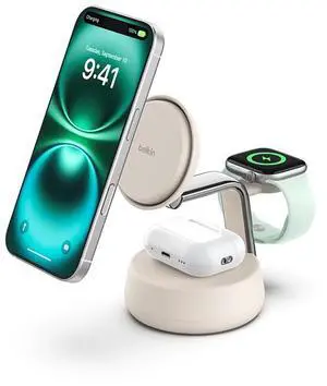 Belkin UltraCharge Pro 25W 3-in-1 Magnetic Qi2 Wireless Charging Dock, Sand Belkin UltraCharge Pro 25W 3-in-1 Magnetic Qi2 Wireless Charging Dock, Sand